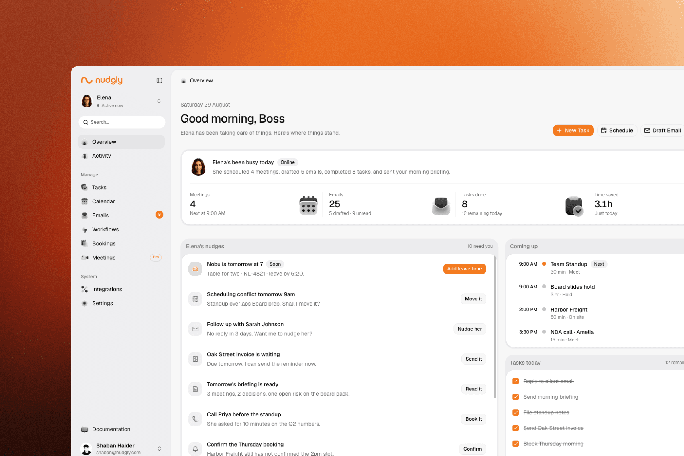 Nudgly's nudges panel, where each suggested action waits for approval before it runs
